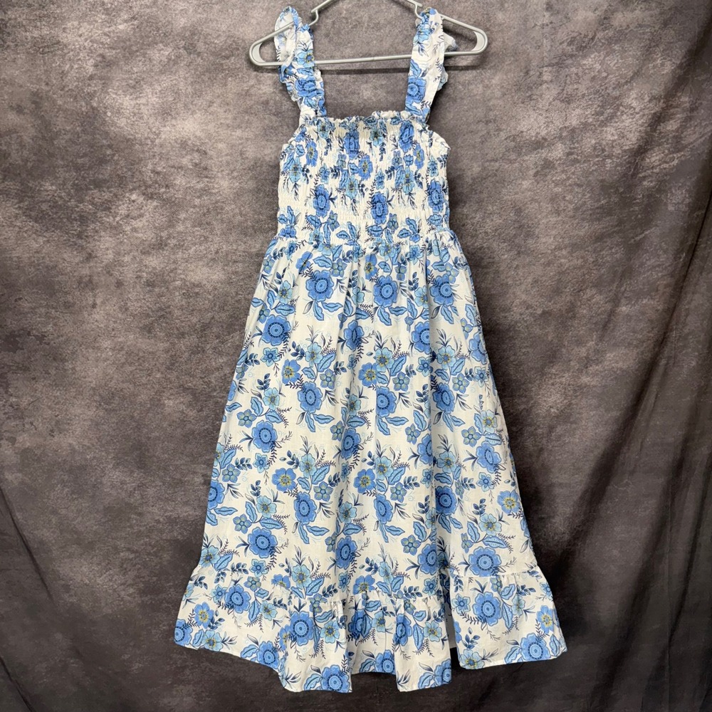 Haute Hippie Tiered Midi Peasant Dress Size 6 White Blue Floral Cottage Smocked